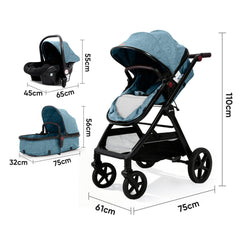 Sekey BW600 3-in-1 Kombi-Kinderwagen Reisesystem mit Babyschale, Liegewanne & Buggy, Moskitonetz, Regenschutz, Federung, 5-Punkt-Gurt, All-Wetter Travel System 0 Jahre