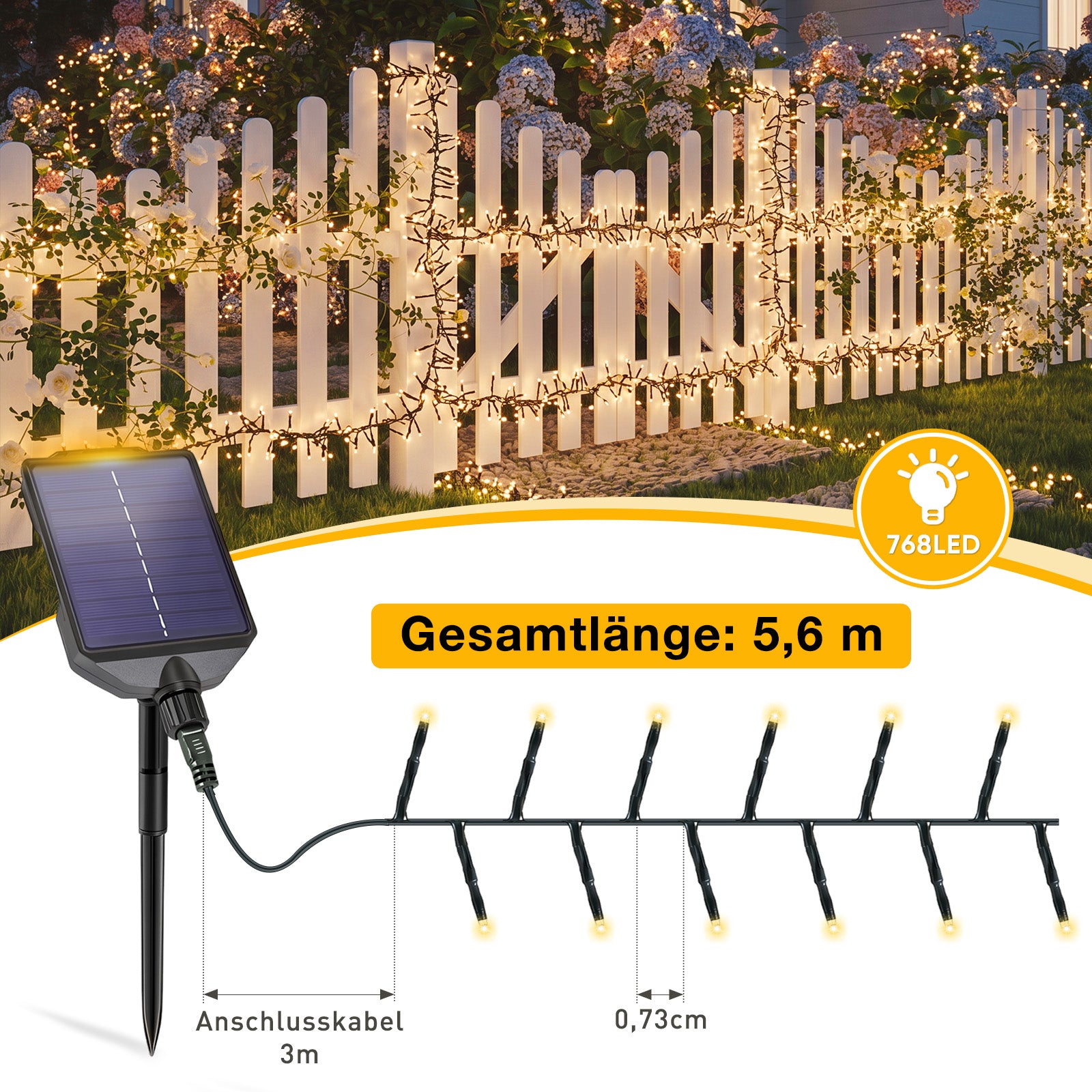 ultradichter Beleuchtung
Detailaufnahme der Solar Cluster Lichterkette mit 768 LEDs und nur 0,73 cm LED-Abstand für besonders dichtes Licht
