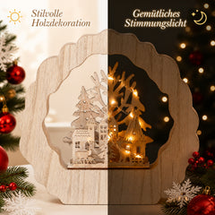 Salcar LED Schwibbogen aus Holz, 3D Weihnachtsdeko mit Weihnachtsdorf, 20 warmweiße LEDs, batteriebetriebener Lichterbogen für Fensterbank, Regal & Sideboard