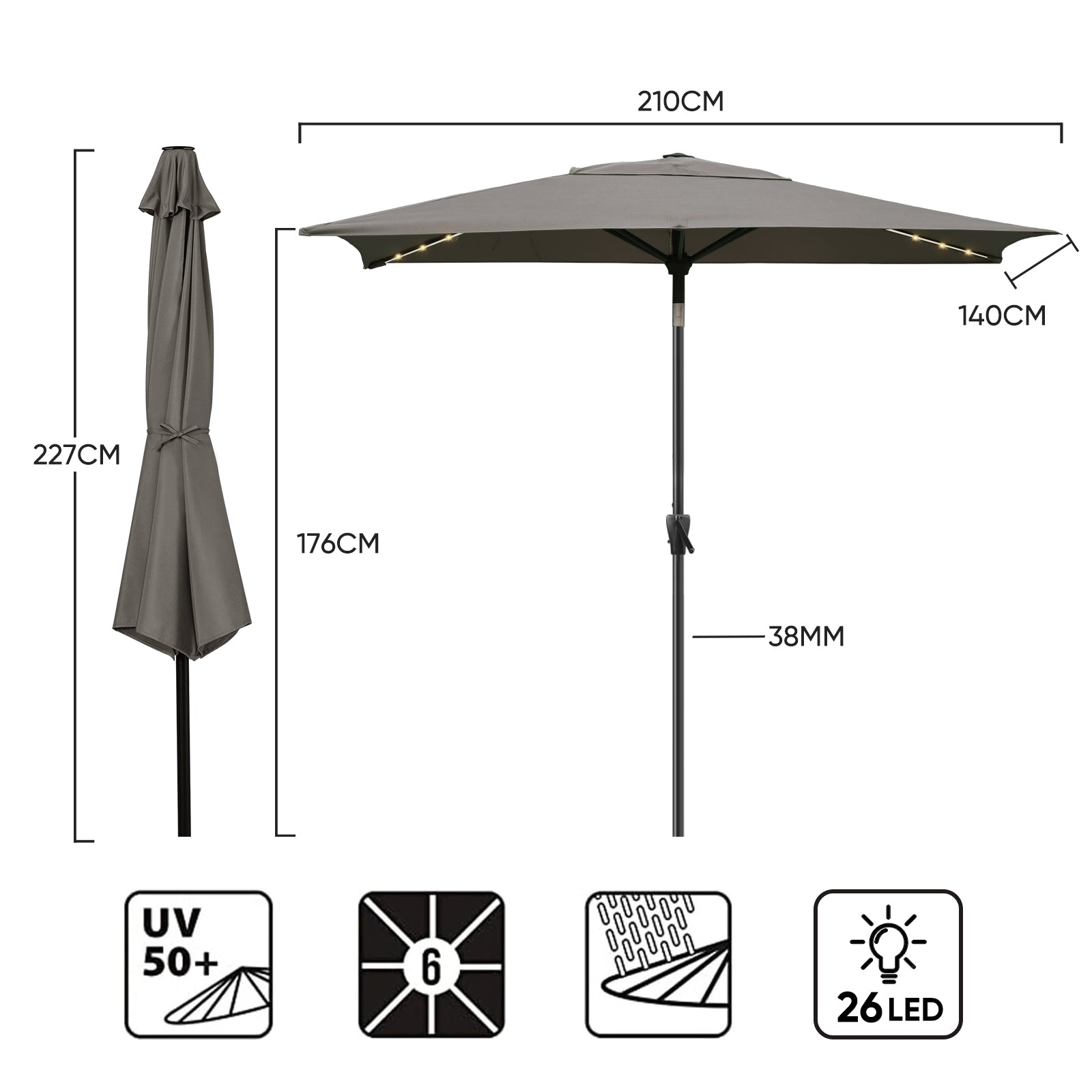 Sekey Sonnenschirm 210 x 140 cm Aluminum Sonnenschirm Rechteckig, mit Kurbel Sekey