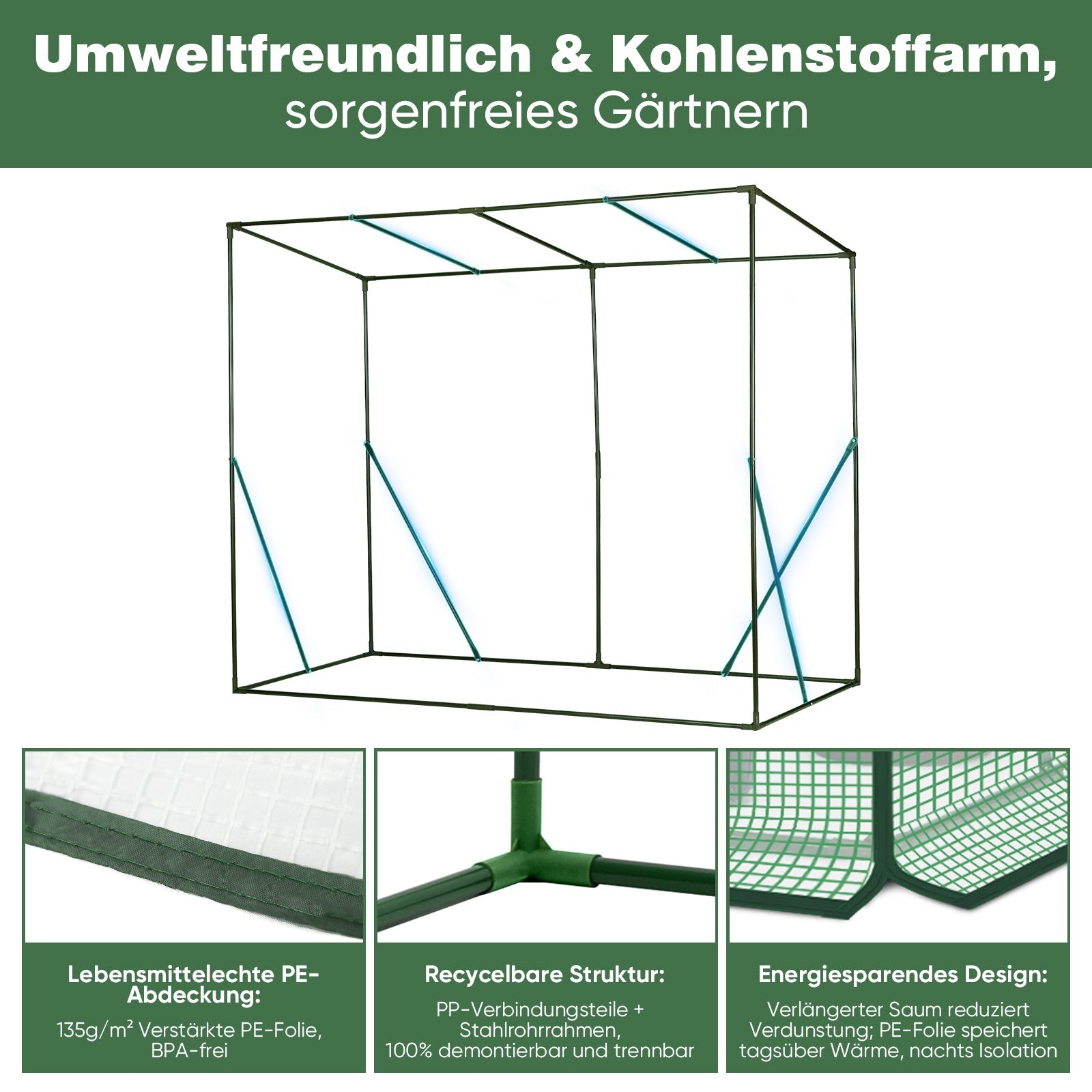 Sekey Tomatengewächshaus 200 x 170 x 77 cm Begehbares Folien-Gewächshaus für Balkon & Garten, stabil, winterfest & UV-beständig, Grün Sekey