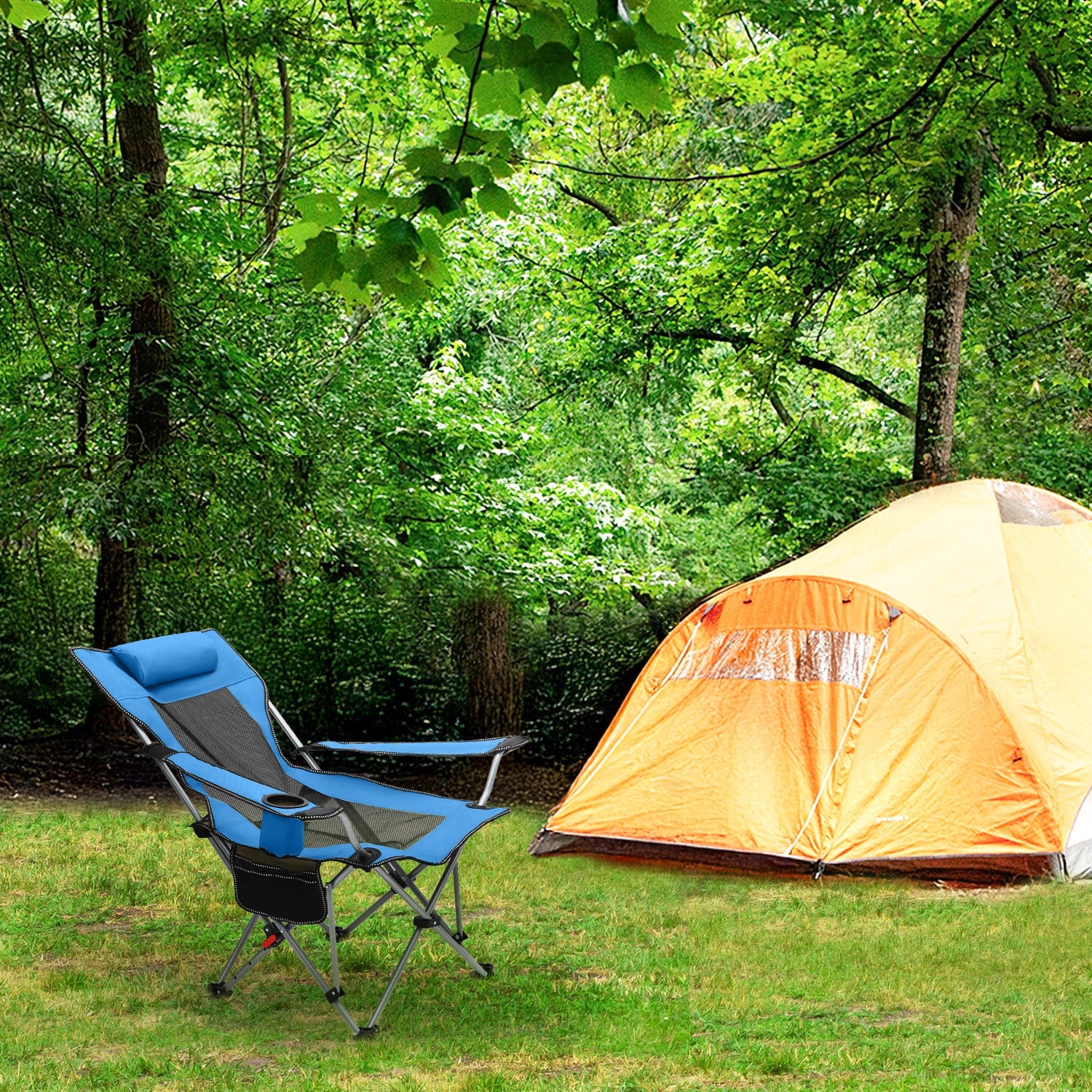 Sunula Klappbarer Campingstuhl, Liegestuhl 2-in-1, Belastbar bis 100 kg, Abnehmbare Fußablage, Getränkehalter, Tragetasche, Leicht, Verstellbare Rückenlehne, Für Angeln, Strand, Camping, Garten, Outdoor Sekey