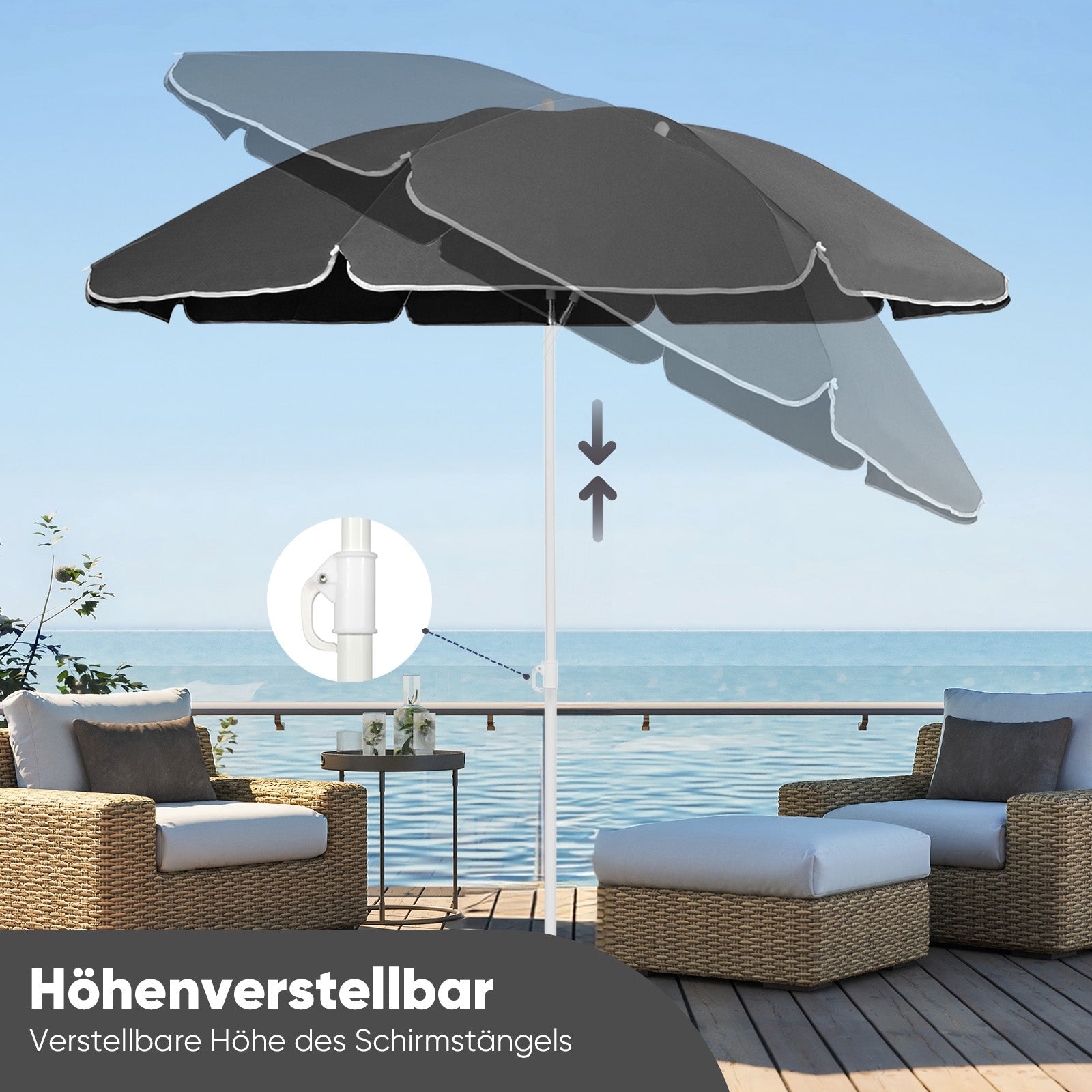 Sekey Sonnenschirm 160cm, Dunkelgrau, Höhenverstellbar & Neigbar mit UPF50+ Sekey