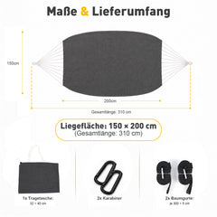 Sekey Doppelhängematte mit Karabinern & Baumwoll-Tragetasche – Outdoor Hängematte für 2 Personen, bis 200 kg belastbar, mit Aufhängeset für Garten, Balkon, Terrasse & Camping
