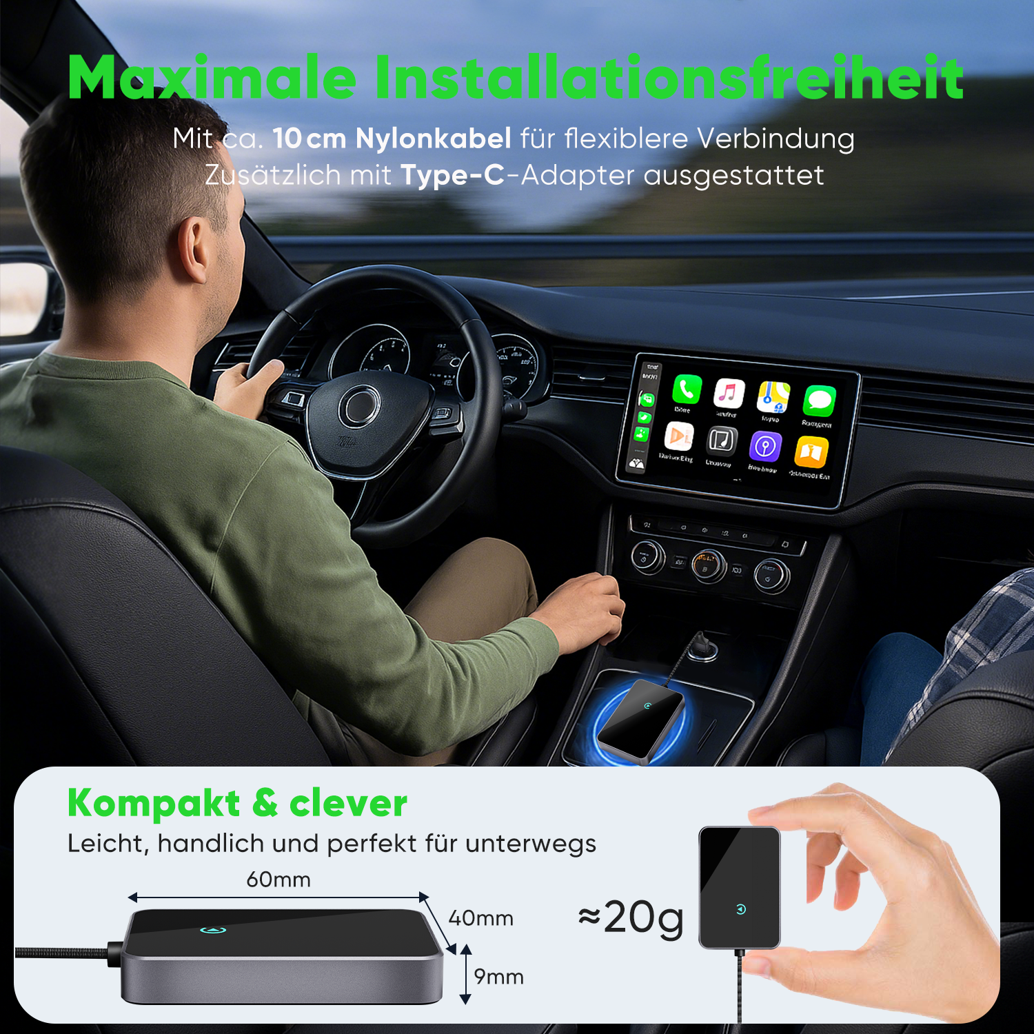 Salcar Wireless CarPlay Adapter für iPhone – Dualband 5,8 GHz, Verzögerungsfrei, Plug & Play Dongle für kabelloses CarPlay, kompatibel mit iPhone 6 & iOS 10+ Salcar