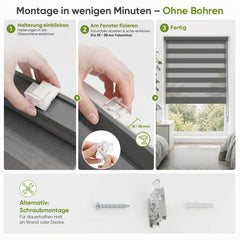 Salcar Doppelrollo Klemmfix Grau – Duo Rollo ohne Bohren für Fenster, Zebra Rollo mit Metallkern-Halterungen, Moderner Sicht- und Sonnenschutz