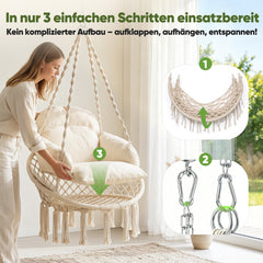 Sekey Hängesessel 360° drehbar mit Ringkissen – Boho Hängestuhl aus Recycling-Baumwolle, gemütlicher Hängesitz mit Metallkette & Karabinern für Wohnzimmer, Balkon und Terrasse