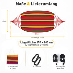 Sekey Doppelhängematte mit Karabinern & Baumwoll-Tragetasche – Outdoor Hängematte für 2 Personen, bis 200 kg belastbar, inkl. Aufhängeset für Garten, Balkon, Terrasse & Camping