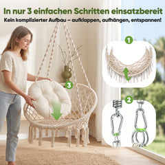 Sekey Hängesessel 360° drehbar aus Recycling-Baumwolle – Boho Hängestuhl mit Sitzkissen, Metallkette & Karabinern, Hängesitz für Wohnzimmer, Balkon, Terrasse & Schlafzimmer