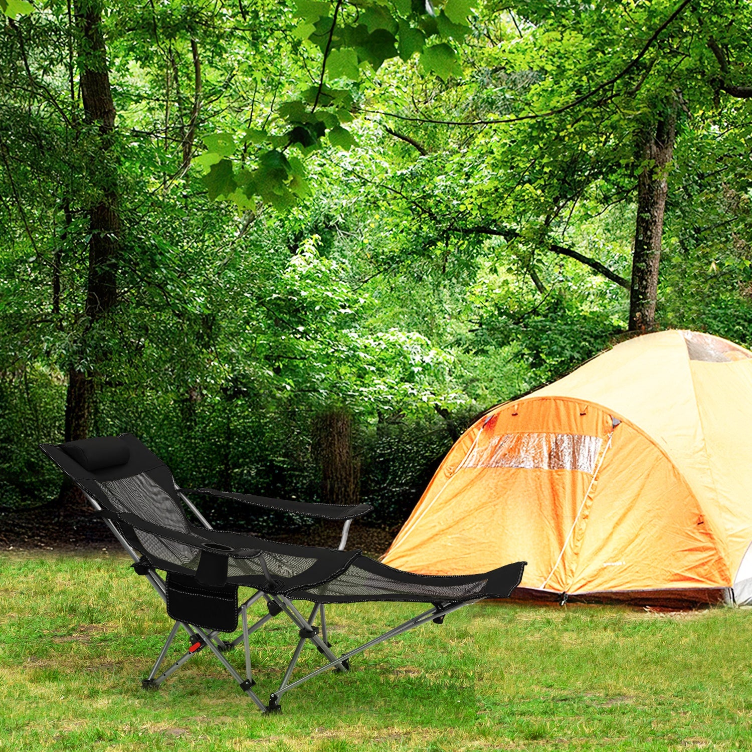Sunula Klappbarer Campingstuhl, Liegestuhl 2-in-1, Belastbar bis 100 kg, Abnehmbare Fußablage, Getränkehalter, Tragetasche, Leicht, Verstellbare Rückenlehne, Für Angeln, Strand, Camping, Garten, Outdoor Sekey