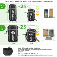 Sekey Mumienschlafsack Erwachsene – Ultraleichter Sommerschlafsack 0,9 kg / 1,7 kg, wasserabweisend & atmungsaktiv, mit Anti-Klemm-Reißverschluss, 220 × 80 × 50 cm, für Camping, Trekking & Reisen – Anthrazit / Grün