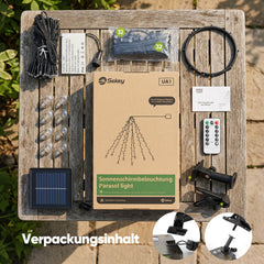 Sekey Sonnenschirm Beleuchtung Solar LED Lichterkette – 136 LEDs & 8 Glühbirnen, Fernbedienung, 8 Leuchtmodi, dimmbar, mit Timer, Garten & Terrasse Deko für Ampelschirm & Sonnenschirm