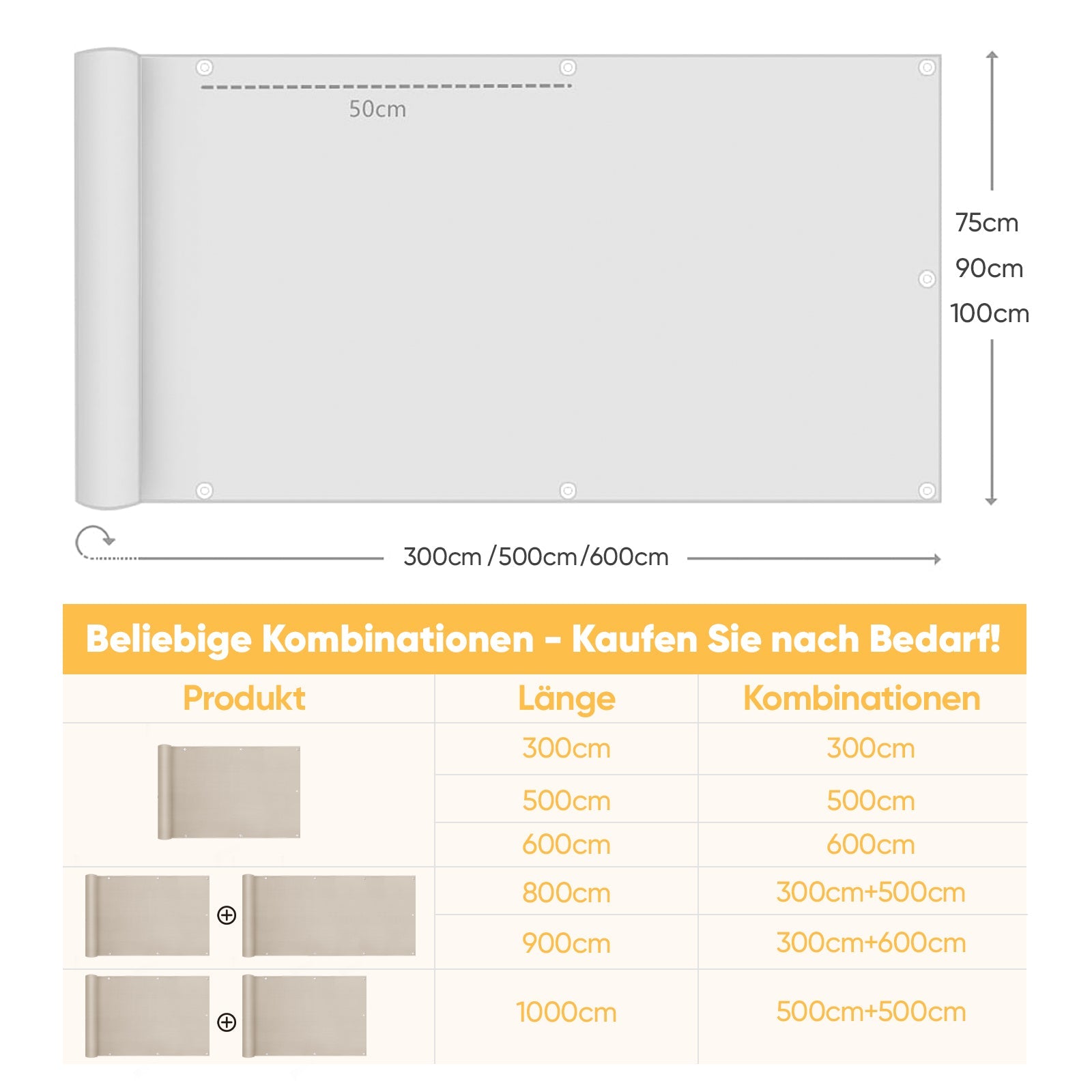 Sunula Balkon Sichtschutz, blickdicht, PES Balkonverkleidung, Windschutz, ohne Bohren, mit Nylon-Kabelbinder und Kordel, patentierte reißfeste Ösen, wetterfest, taupe SEKEYMALL