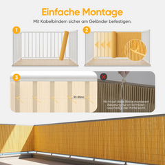 Sekey Balkon Sichtschutz in Natürlicher Schilfrohr-Optik – Wetterfeste Sichtschutzmatte mit Kabelbindern, Wasserdicht, UV-Beständig, Schimmelfrei, Ohne Bohren für Balkon, Garten & Terrasse