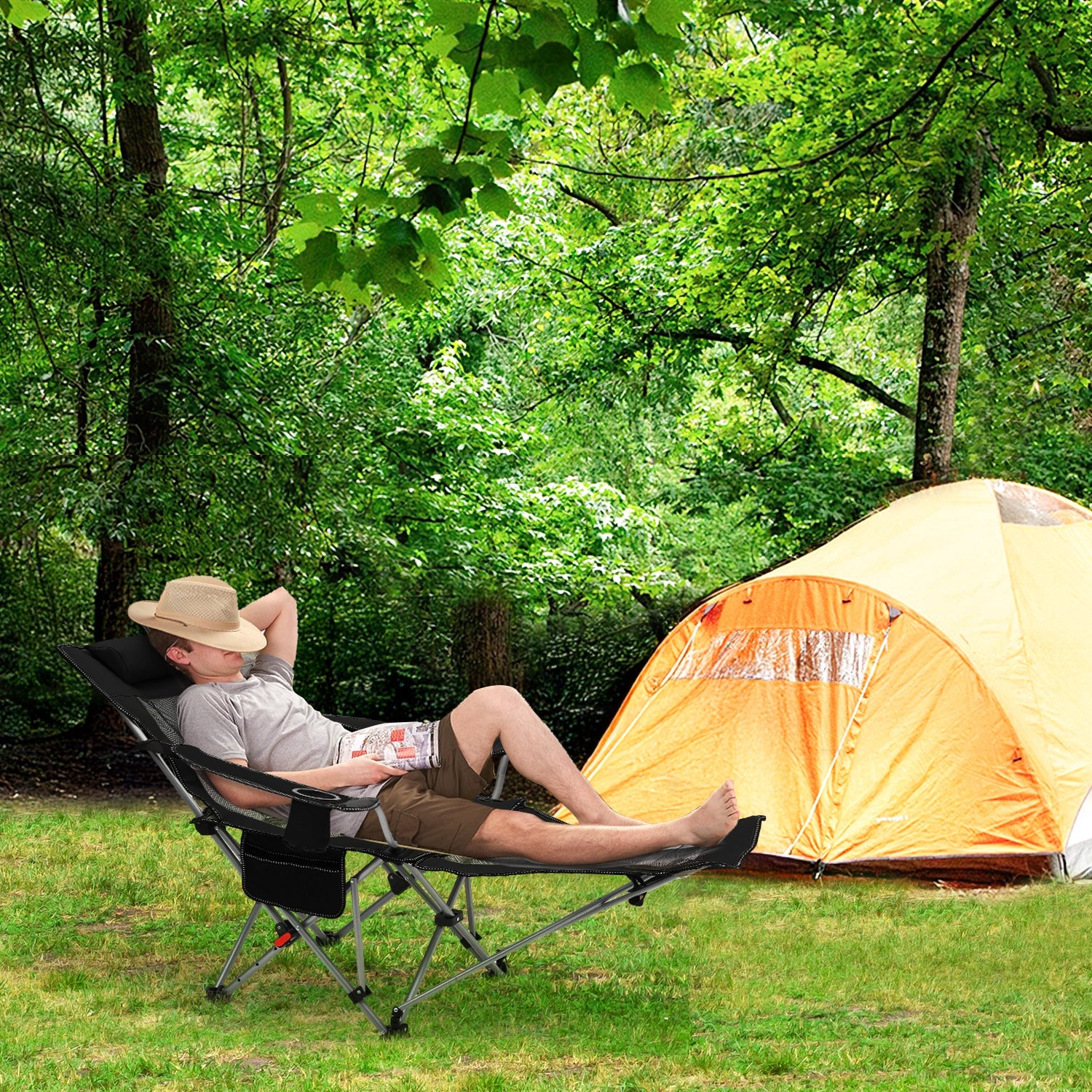 Sunula Klappbarer Campingstuhl, Liegestuhl 2-in-1, Belastbar bis 100 kg, Abnehmbare Fußablage, Getränkehalter, Tragetasche, Leicht, Verstellbare Rückenlehne, Für Angeln, Strand, Camping, Garten, Outdoor Sekey