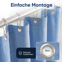 Sekey Blau Duschvorhang 180 × 200 cm, Textil Badewannenvorhang mit Waffelstruktur, Wasserabweisend & Waschbar, 100 % Polyester, mit Beschwerungsband & 12 Edelstahlringen
