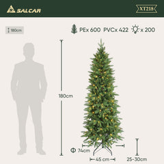 Salcar Schmaler Kunst-Weihnachtsbaum 180 cm – Realistischer Pencil Christbaum mit warmweißen LEDs, grüner Tannenbaum aus PE & PVC Salcar