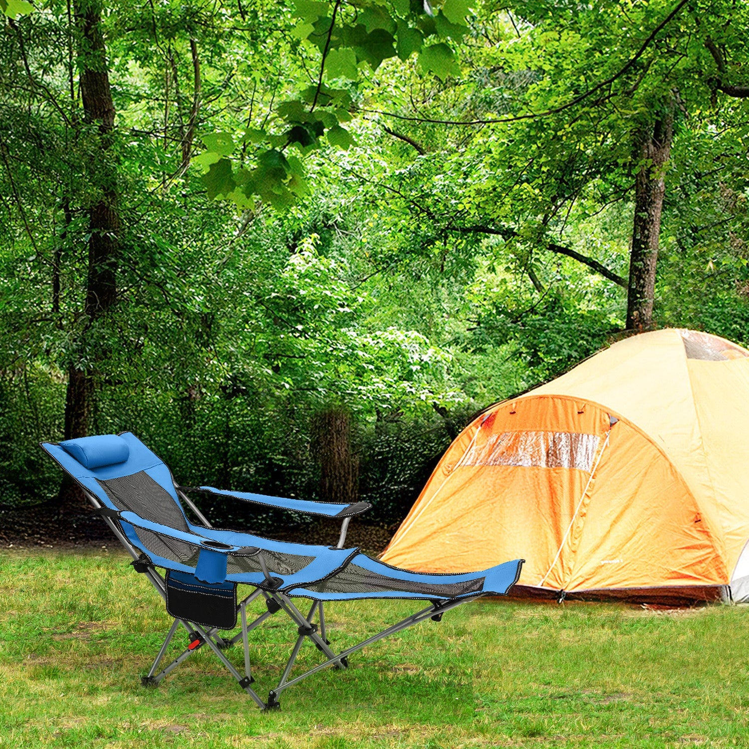 Sunula Klappbarer Campingstuhl, Liegestuhl 2-in-1, Belastbar bis 100 kg, Abnehmbare Fußablage, Getränkehalter, Tragetasche, Leicht, Verstellbare Rückenlehne, Für Angeln, Strand, Camping, Garten, Outdoor Sekey