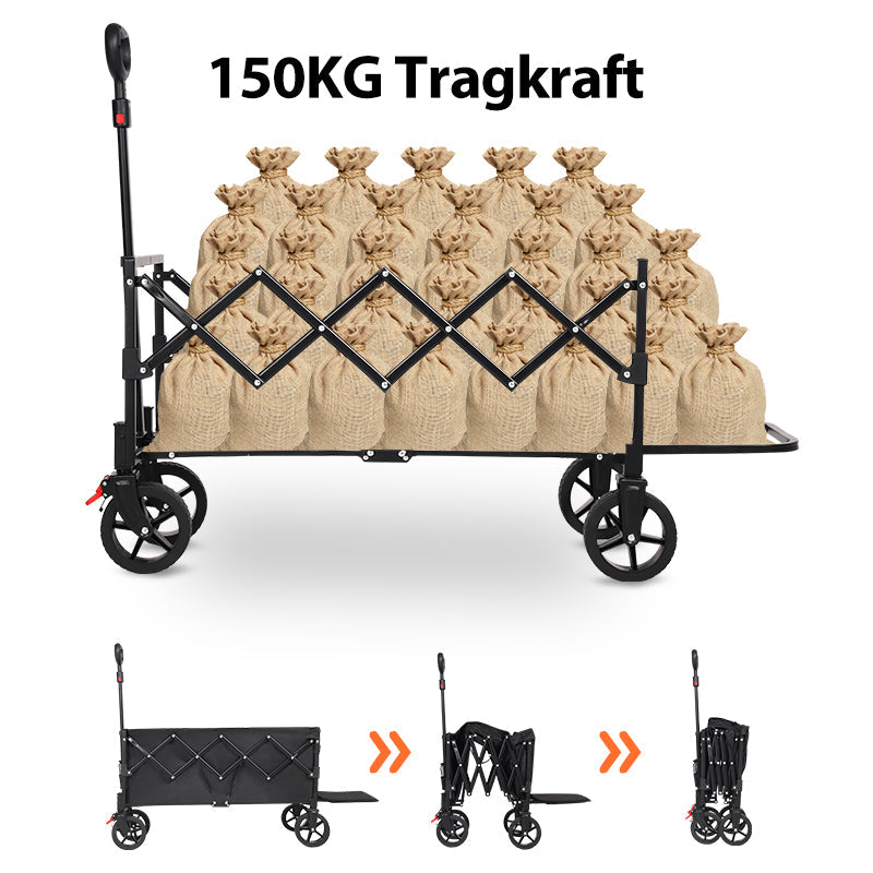 Sunula Faltbarer Bollerwagen 3025 mit Verlängerter Ladefläche, 150 kg Tragkraft, Extra Lang, Mit Bremse, Getränkehaltern & Geländereifen – Für Strand, Camping, Garten, Einkauf Sunula