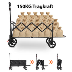 Sunula Faltbarer Bollerwagen 3025 mit Verlängerter Ladefläche, 150 kg Tragkraft, Extra Lang, Mit Bremse, Getränkehaltern & Geländereifen – Für Strand, Camping, Garten, Einkauf Sunula