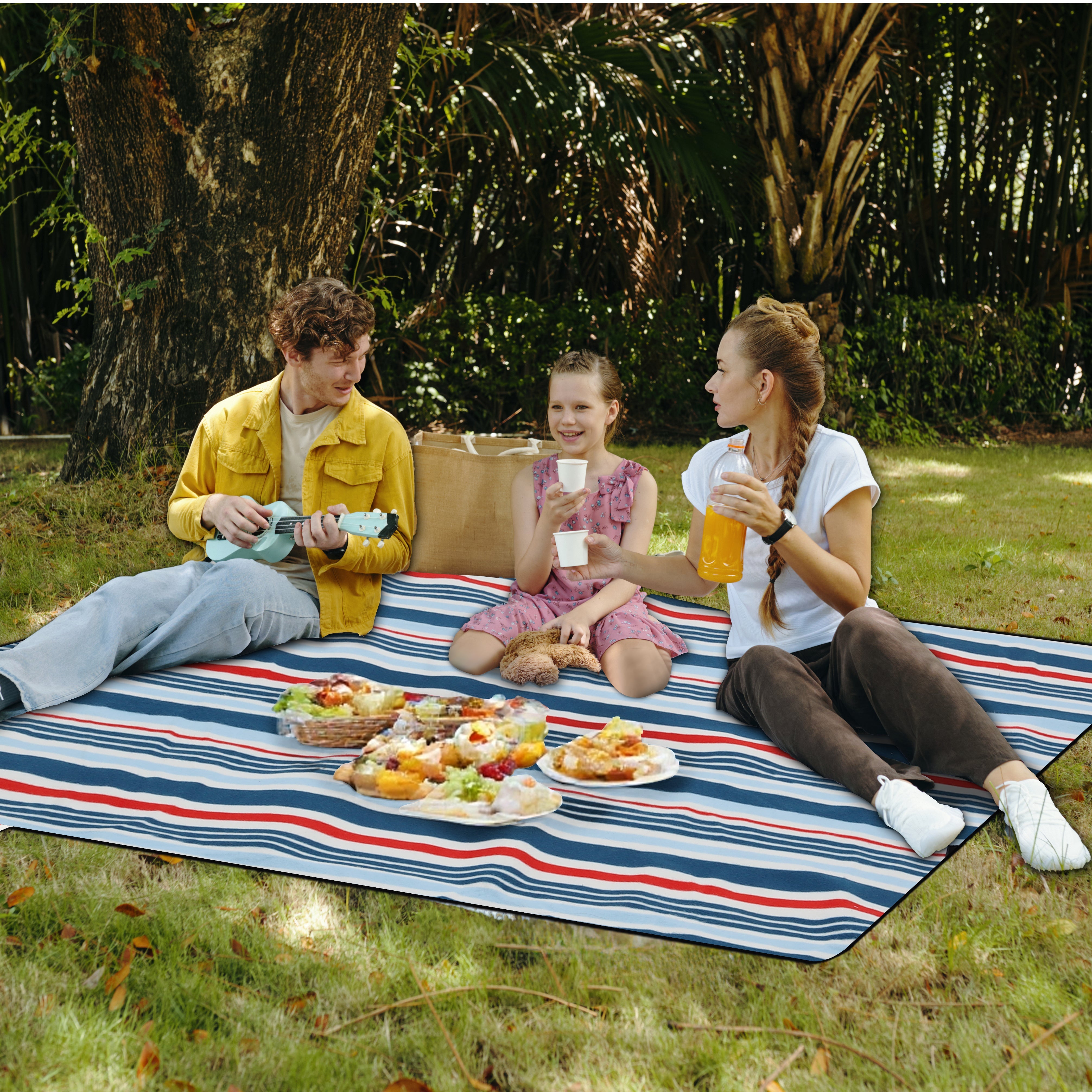 Sekey Picknickdecke – Wasserdicht & sandfest, faltbare Strandmatte mit PEVA-Unterseite, gepolstert & tragbar für Camping, Strand & Wiese – Blau-Weiß-Rote Streifen Sekey