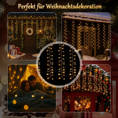 Salcar LED-Lichtervorhang 300er Eisregen 3x1 m, 8 Modi & Timer, Warmweiß, IP44, Innen- & Außenbeleuchtung für Weihnachten & Party
