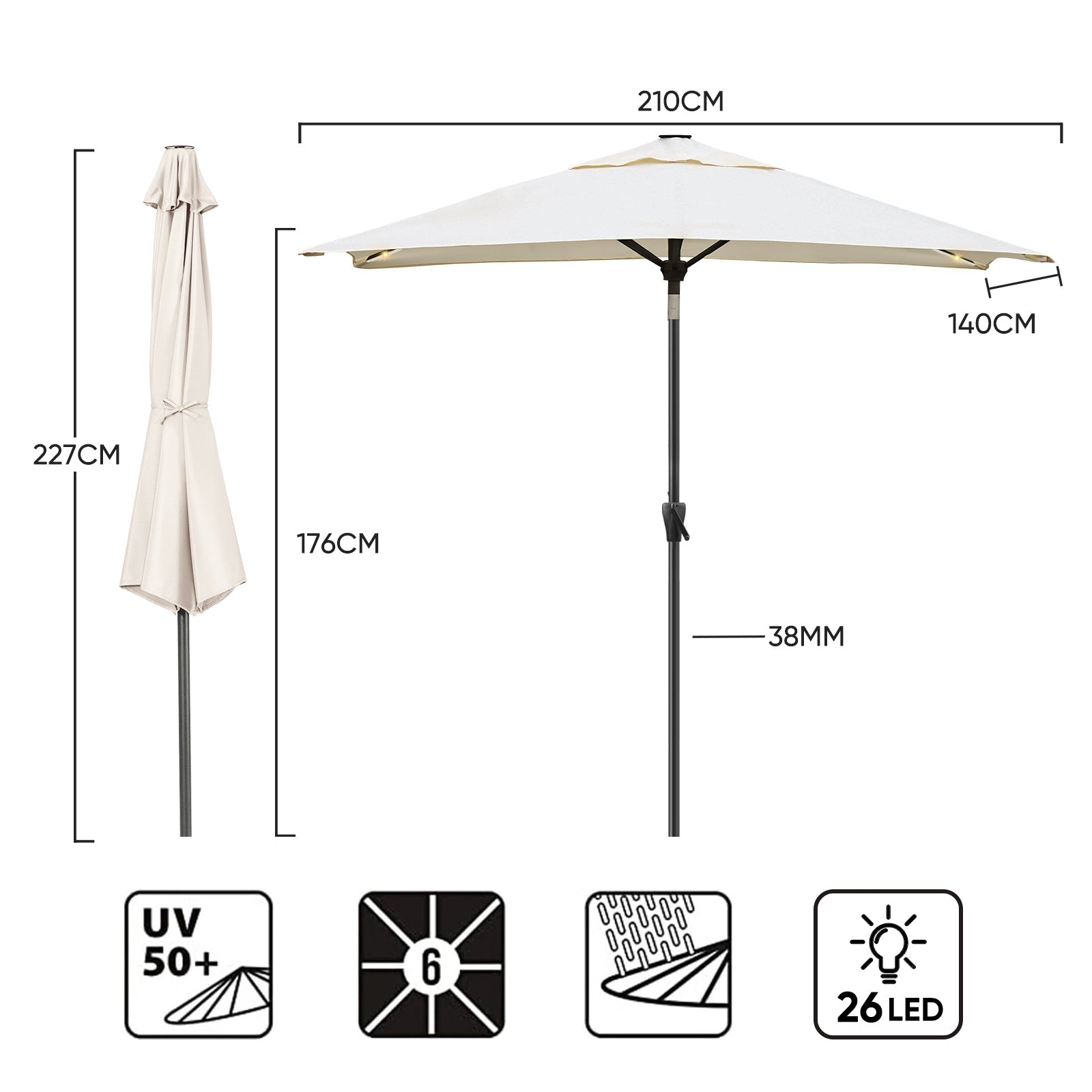 Sekey Sonnenschirm 210 x 140 cm Aluminum Sonnenschirm Rechteckig, mit Kurbel Sekey
