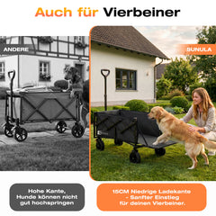 Sunula Bollerwagen faltbar mit klappbarer Heckklappe – 80 L + 35 L Handwagen mit erweiterbarer Ladefläche, 100 kg belastbar, leichter Faltbollerwagen mit Bremsen & 360°-Rädern