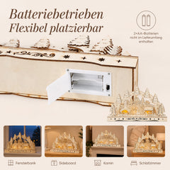 Salcar LED Schwibbogen aus Holz, 3D Weihnachtsdeko mit Fachwerkhäusern, Turm & Tannen, 10 warmweiße LEDs, batteriebetriebener Lichterbogen für Fensterbank & Sideboard
