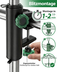 Sekey Sonnenschirmhalter für Balkon – Klemmhalterung für Geländer, platzsparender Schirmständer ohne Bohren, für runde & eckige Geländer (Ø 20–50 mm) & Schirmstöcke 19–38 mm, Schwarz-Metall