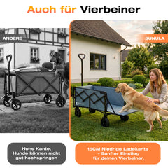Sunula Bollerwagen faltbar mit klappbarer Heckklappe – 80 L + 35 L Handwagen mit erweiterbarer Ladefläche, 100 kg belastbar, leichter Faltbollerwagen mit Bremsen & 360°-Rädern
