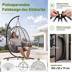 Sekey Hängesessel mit Gestell – Klappbarer Hängekorb aus PE-Rattan, Hängestuhl mit Sitz- & Kopfkissen, bis 150 kg belastbar, für Garten, Balkon, Terrasse & Wohnzimmer