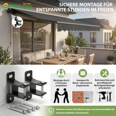 Sekey Gelenkarmmarkise 250x200 cm mit Handkurbel – 0–53° stufenlos neigbar, Doppel-Stahlseilzug, 280g/m² wasserdichtes Polyester, UV50+ Sonnenschutz für Balkon, Terrasse & Garten