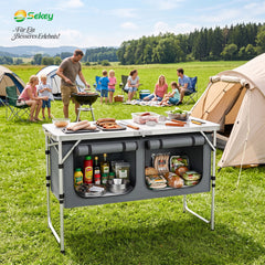 Sekey Campingtisch faltbar 120 cm, höhenverstellbarer Campingtisch mit 2 Staufächern, Outdoor Campingküche mit Aluminiumgestell, 54–70 cm, inkl. Tragetasche