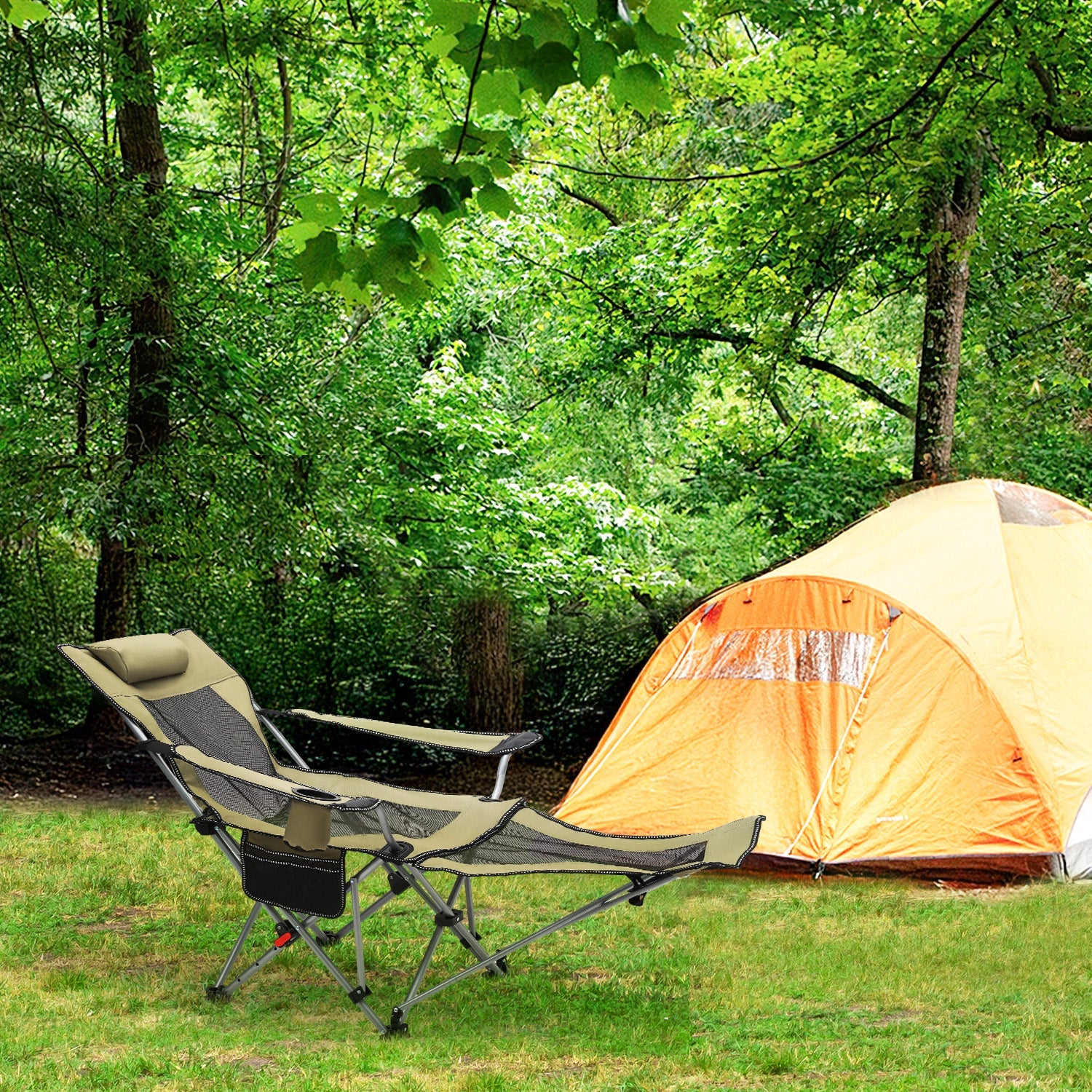 Sunula Klappbarer Campingstuhl, Liegestuhl 2-in-1, Belastbar bis 100 kg, Abnehmbare Fußablage, Getränkehalter, Tragetasche, Leicht, Verstellbare Rückenlehne, Für Angeln, Strand, Camping, Garten, Outdoor Sekey