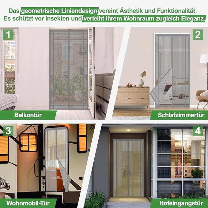 Sekey Fliegengitter Tür, Zuschneidbar & Selbstklebend, Magnetverschluss ohne Bohren, Insektenschutz für Balkon-, Terrassen- & Zimmertüren, Grau Sekey
