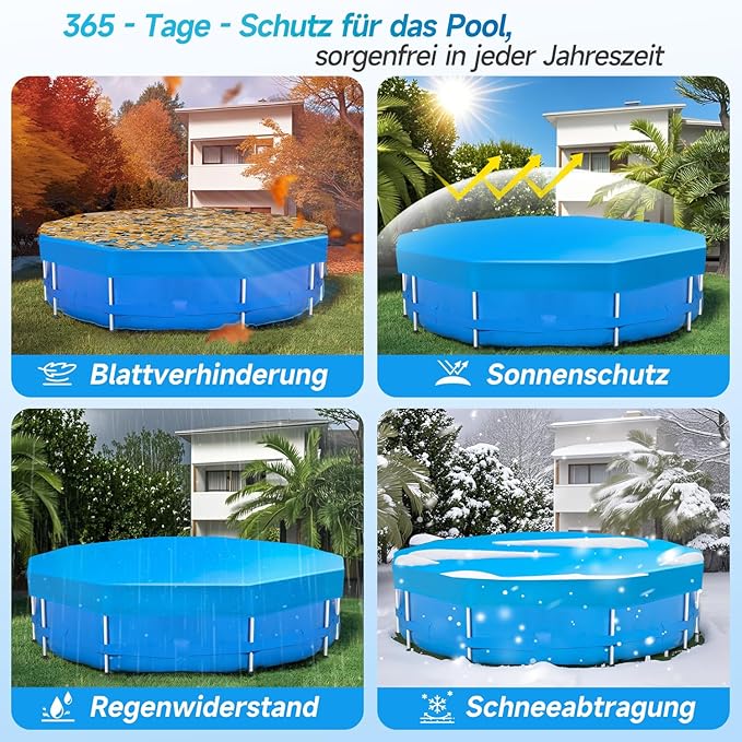 Sekey Poolabdeckung rund, passend für runde Stahlrahmenpools, reißfest und winddicht, mit verstellbaren Schnallen und Klettverschluss, blau Sekey