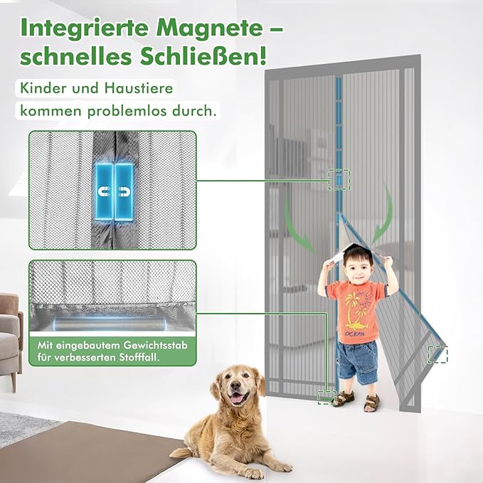 Sekey Fliegengitter Tür, Zuschneidbar & Selbstklebend, Magnetverschluss ohne Bohren, Insektenschutz für Balkon-, Terrassen- & Zimmertüren, Grau Sekey