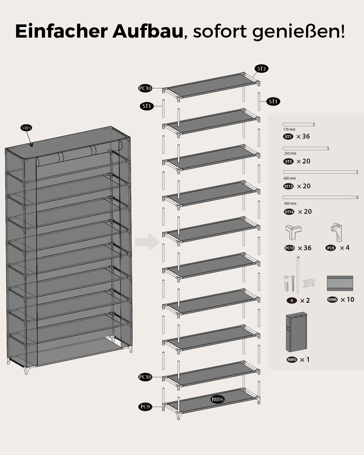 Sekey Schuhschrank mit 9 Ebenen – Multifunktionales Schuhregal mit Staubschutz, 2 Größen wählbar (58 oder 85 cm Breite), anpassbare Ablagen, einfache Montage, Schwarz Sekey