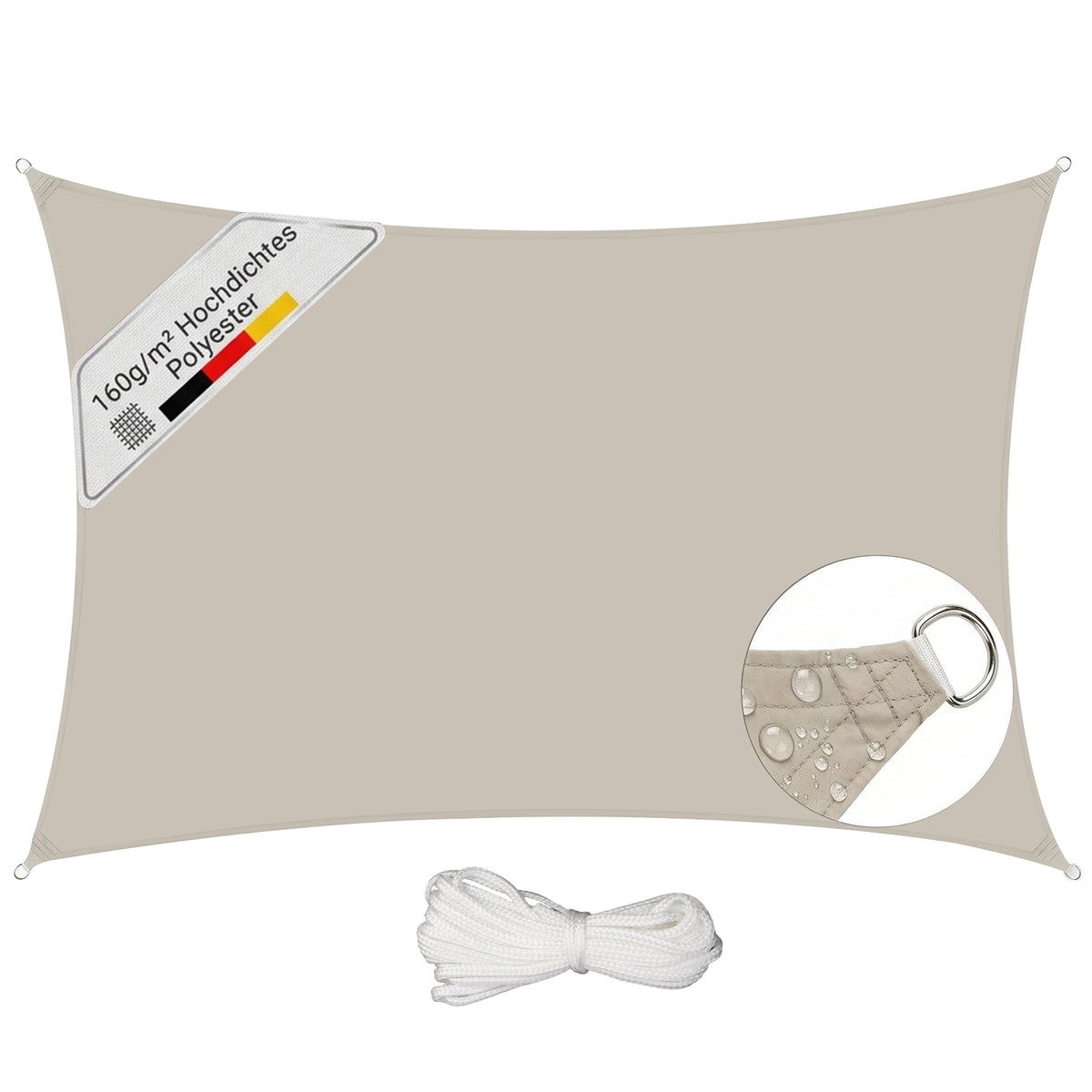 Sunula Sonnensegel wasserdicht ohne Mittelnaht – PES 160g/m², UV-Schutz 95% UPF50+, reißfest & wetterfest mit Lotus-Effekt, Rechteckig für Balkon, Terrasse & Garten (Taupe)