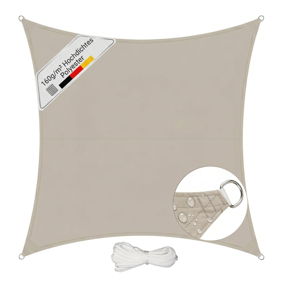 Sunula Sonnensegel wasserdicht Quadratisch – PES 160g/m² mit heißversiegelter Naht, UV-Schutz 95% UPF50+, reißfest & wetterfest mit Edelstahl-D-Ringen für Balkon, Terrasse & Garten (Taupe)
