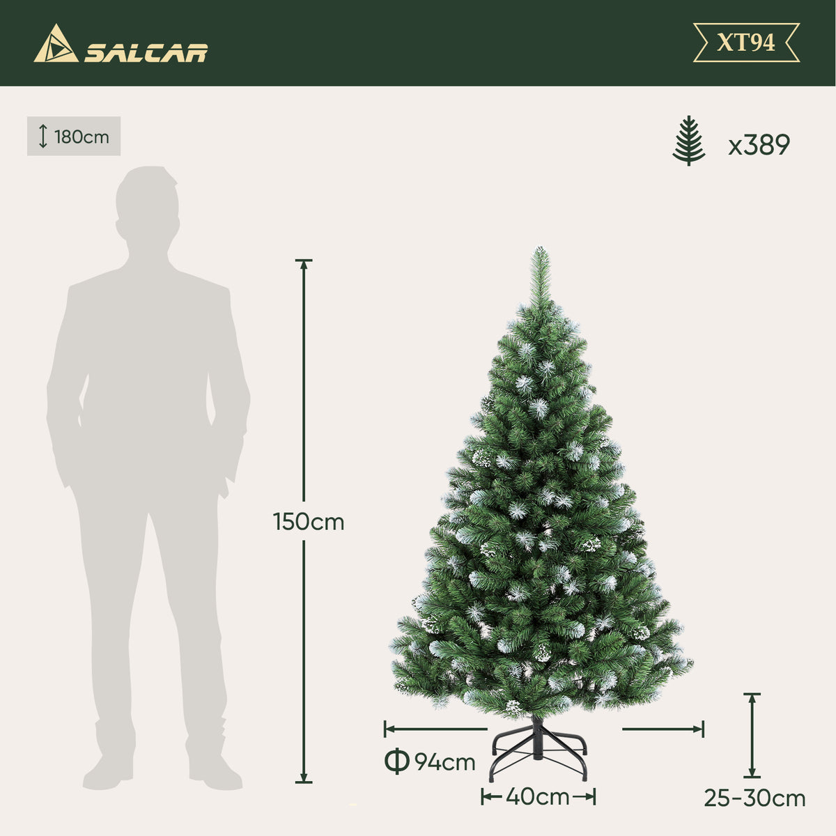 SALCAR Artificial Christmas Tree with Snow – 120/150/180/210 cm Christmas Tree, Deceptively Realistic, with Metal Stand, PVC Christmas Tree for Indoor &amp; Outdoor Use