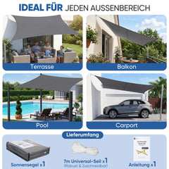 Sunula Sonnensegel wasserdicht Rechteckig – PES 160g/m² mit heißversiegelter Naht, UV-Schutz 95% UPF50+, reißfest & wetterfest mit Edelstahl-D-Ringen für Balkon, Terrasse & Garten (Anthrazit)