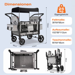 Sekey Bollerwagen für 2–4 Kinder – Faltbarer Kinderwagen mit Dach, 4 Sitze mit 5-Punkt-Gurtsystem, Duo-Schiebegriff, großer Stauraum & All-Terrain Räder (Modell SS7070)