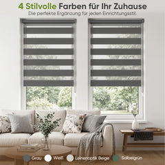 Salcar Doppelrollo Klemmfix Grau – Duo Rollo ohne Bohren für Fenster, Zebra Rollo mit Metallkern-Halterungen, Moderner Sicht- und Sonnenschutz