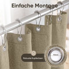 Sekey Hellbraun Duschvorhang 180 × 200 cm, Textil Badewannenvorhang in Leinenoptik, Wasserabweisend & Waschbar, 100 % Polyester, mit Beschwerungsband & 12 Edelstahlringen