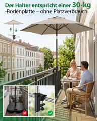 Sekey Sonnenschirmhalter für Balkon – Klemmhalterung für Geländer, platzsparender Schirmständer ohne Bohren, für runde & eckige Geländer (Ø 20–50 mm) & Schirmstöcke 19–38 mm, Schwarz-Metall