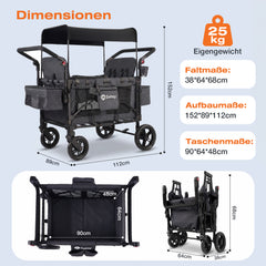 Sekey Bollerwagen für 2–4 Kinder – Faltbarer Kinderwagen mit Dach, 4 Sitze mit 5-Punkt-Gurtsystem, Duo-Schiebegriff, großer Stauraum & All-Terrain Räder (Modell SS7070)