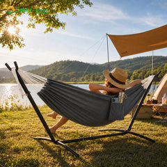 Sekey Hängematte mit Gestell – Höhenverstellbare Doppelhängematte bis 200 kg, freistehend mit Stahlrahmen & 2 Tragetaschen für Garten, Balkon, Terrasse, Camping & Indoor