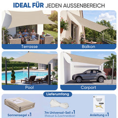 Sunula Sonnensegel wasserdicht ohne Mittelnaht – PES 160g/m², UV-Schutz 95% UPF50+, reißfest & wetterfest mit Lotus-Effekt, Rechteckig für Balkon, Terrasse & Garten (Taupe)